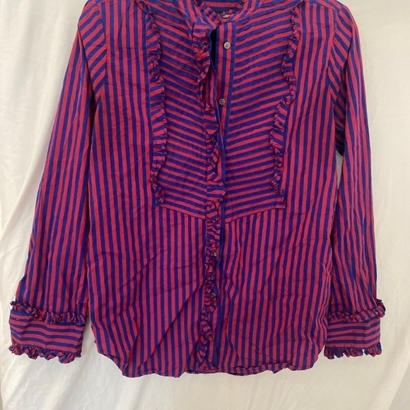 Jcrew tuxedo stripe ruffle blouse button down black and deep red/ plum small - Picture 3 of 7